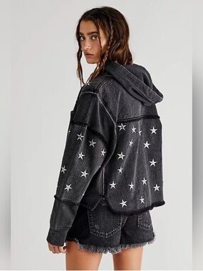 Free People “Beyond the Stars” Black Denim Jacket Top Size L